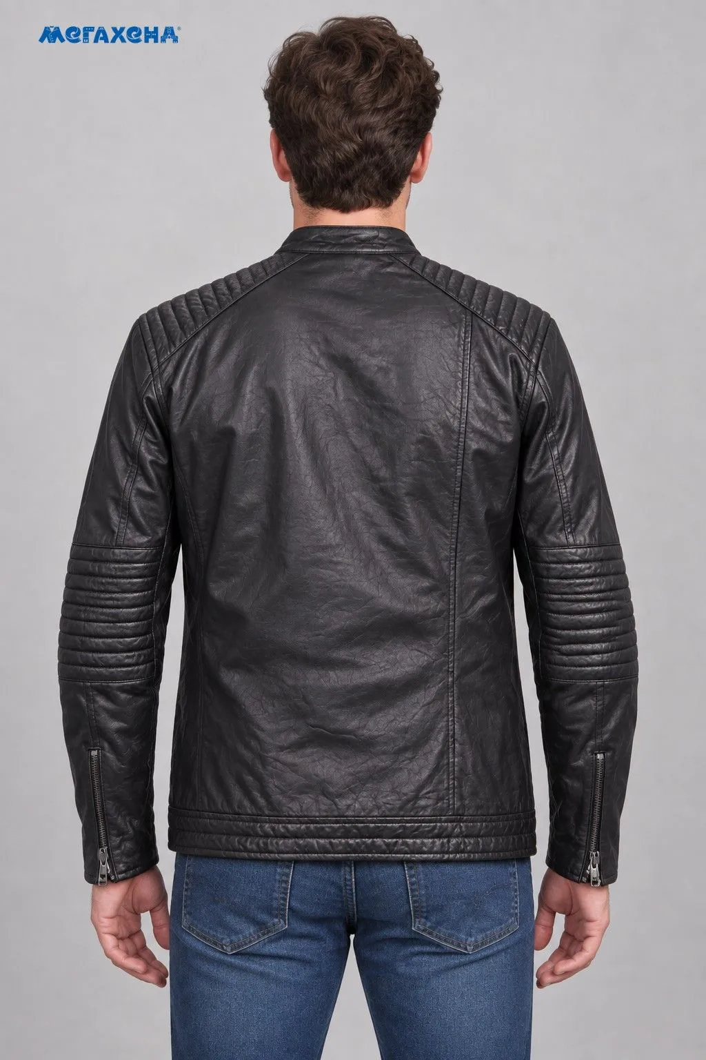 Чёрная кожаная куртка JACK & JONES на молнии, размер 50 (L)